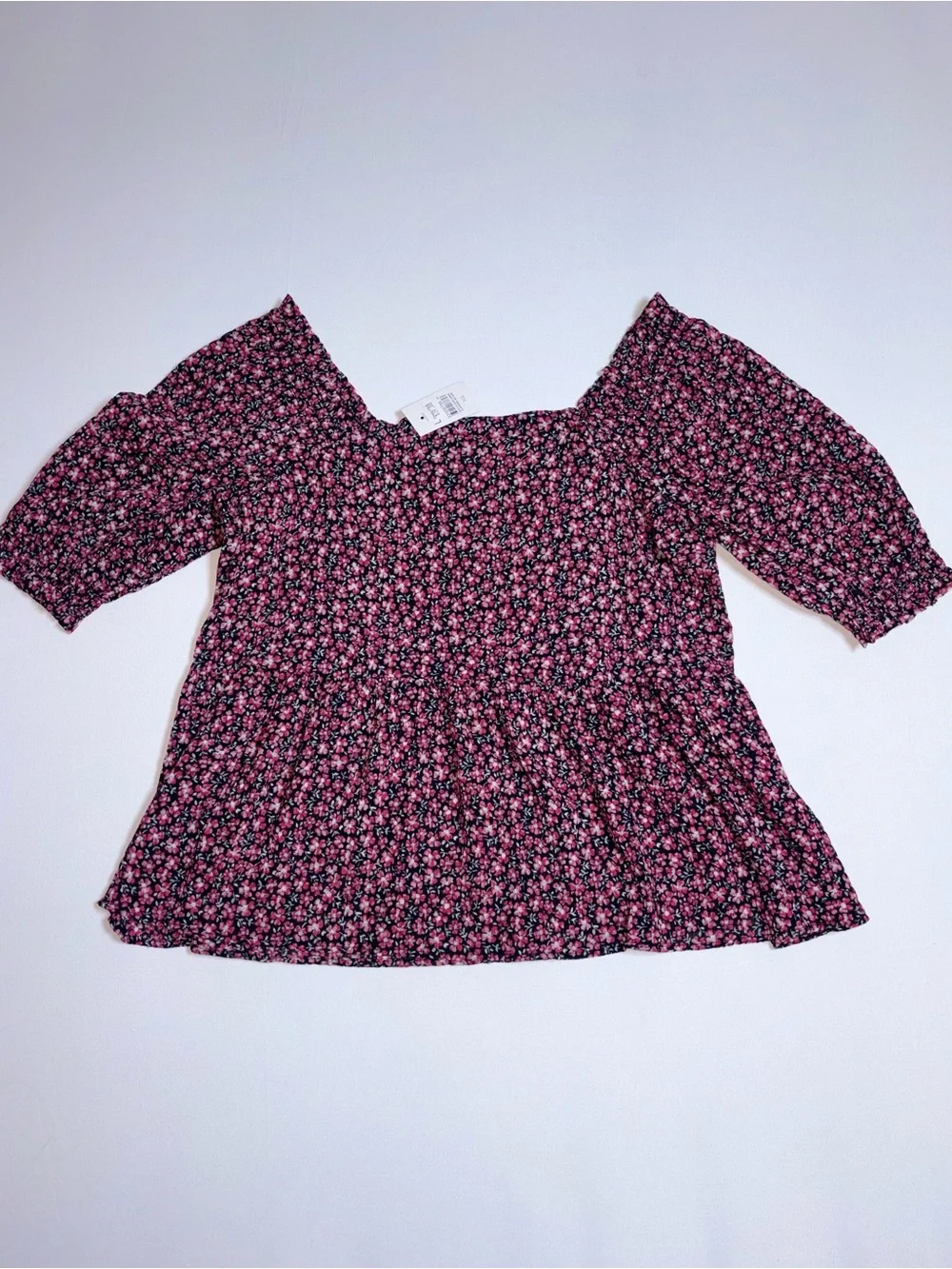 LOFT Ditsy Pink Floral Smocked Square Neck Peplum Blouse Women’s XS